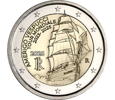  Монета 2 евро 2025 «Кругосветное путешествие на учебном судне «Америго Веспуччи» Италия, фото 1 